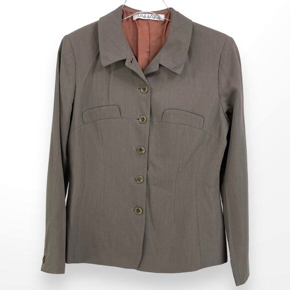 90s Tahari Vintage Taupe Brown Wool Two Piece Skirt Suit Set - Picture 3 of 14